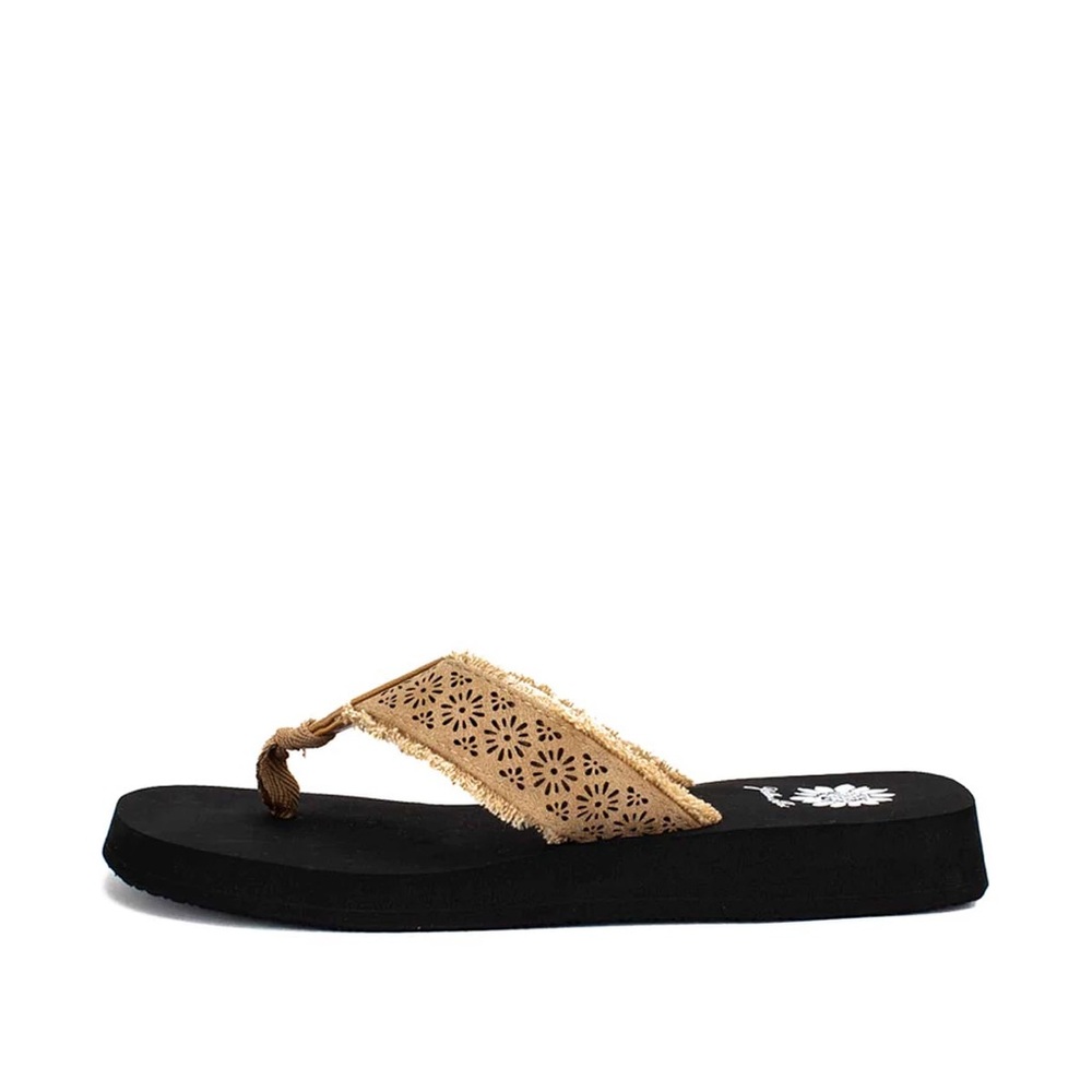 Yellow Box Tan Laser-Cut Strap Wedge Flip Flop